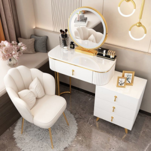 Wholesaler Price For Makeup Dressing Table With Led Lights With Beautiful Chair And Large Capacity Side Cabinet