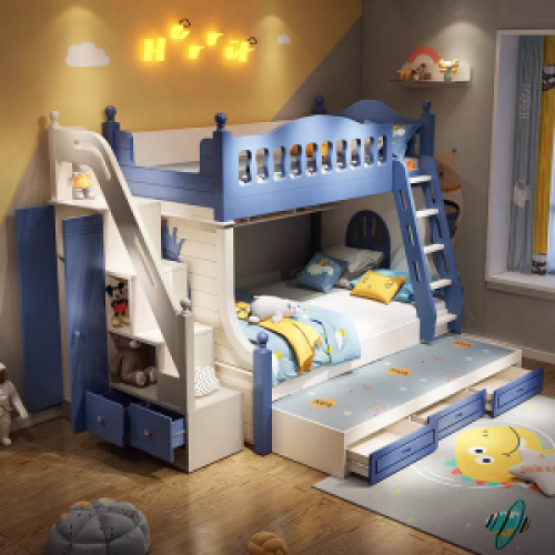 Bunk bed and parallel bunk bed for childrens bed with wardrobe, storage cabinet