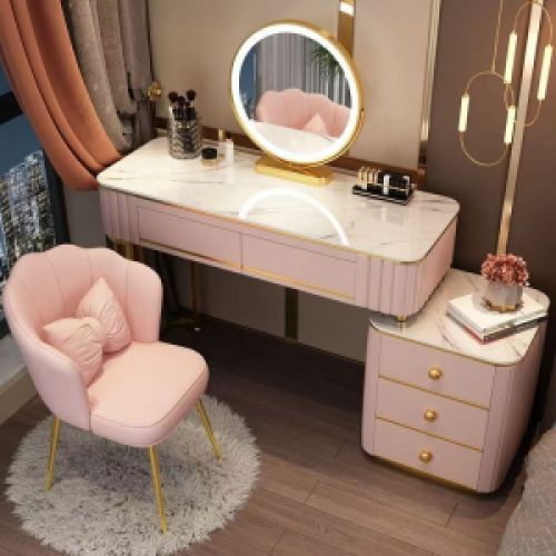 China Manufacturer Makeup Dressing Table With Led Lights With Beautiful Bow Chair And Large Capacity Storage Drawers
