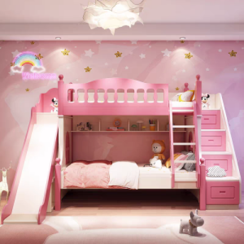 China direct factory for children bunk beds with slide pink color princess bunk beds